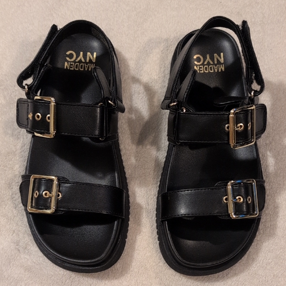 Madden NYC Women’s Black Double Strap Sandals Gold Buckle Size 6